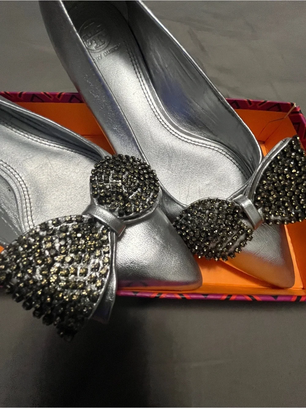 Tory Burch Metallic Silver Pointed Toe Bow Flats with Crystal Bow